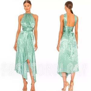 Sabina Musayev Juniper Halter Satin Jacquard Midi Dress In Spearmint Floral US S